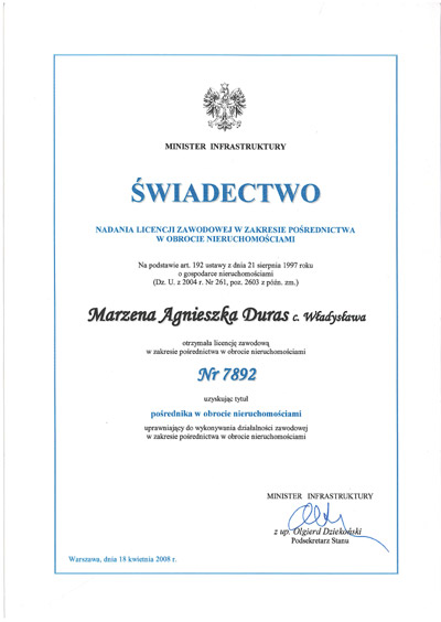 Świadectwo nadania licencji zawodowej